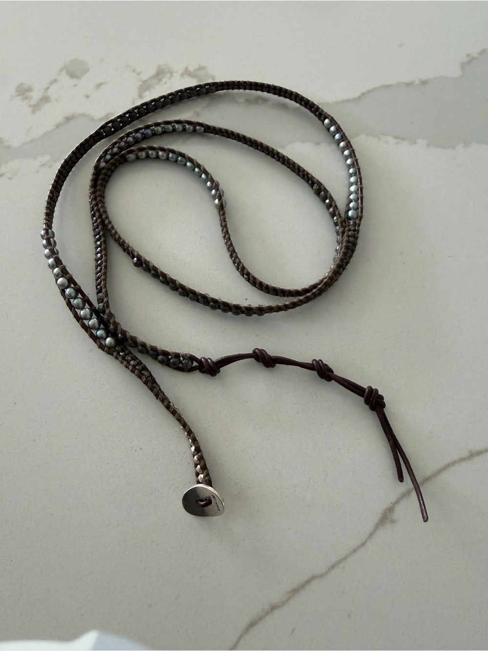 Chan Luu Brown Braided Leather Wrap with Blue Grey FWP & Faceted Pyrite 35”